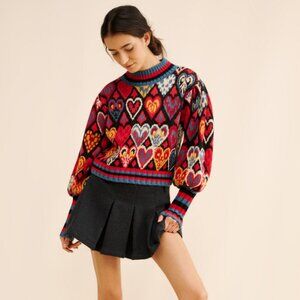 GUC Farm Rio Black Hearts Ikat Cropped Knit Sweater